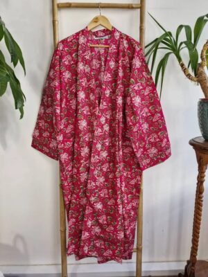 Plus Size Soft Cotton Dressing Boho Kimono Regal House Robe Gown | Christmas Gift Idea | Hot Pink Love Green Gardenia Bloom | UK 18 - 24 - Image 7