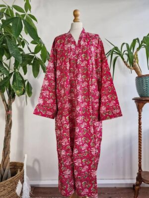 Plus Size Soft Cotton Dressing Boho Kimono Regal House Robe Gown | Christmas Gift Idea | Hot Pink Love Green Gardenia Bloom | UK 18 - 24 - Image 8