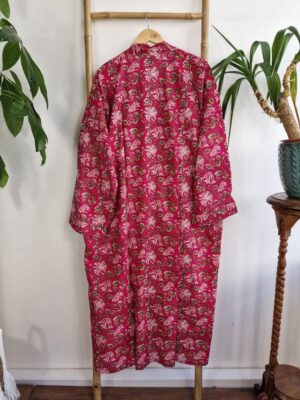 Plus Size Soft Cotton Dressing Boho Kimono Regal House Robe Gown | Christmas Gift Idea | Hot Pink Love Green Gardenia Bloom | UK 18 - 24 - Image 9