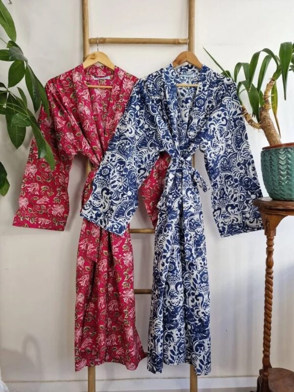 Plus Size Soft Cotton Dressing Boho Kimono Regal House Robe Gown | Christmas Gift Idea | White Indigo Blue Persian Pottery | UK 18 - 24
