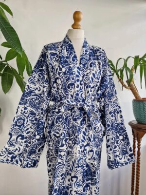 Plus Size Soft Cotton Dressing Boho Kimono Regal House Robe Gown | Christmas Gift Idea | White Indigo Blue Persian Pottery | UK 18 - 24 - Image 2