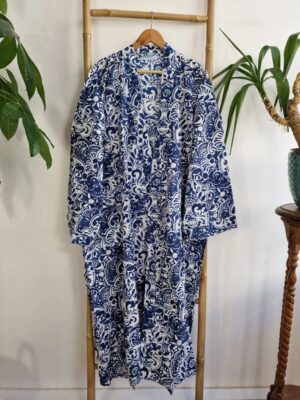 Plus Size Soft Cotton Dressing Boho Kimono Regal House Robe Gown | Christmas Gift Idea | White Indigo Blue Persian Pottery | UK 18 - 24 - Image 3