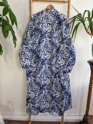 Plus Size Soft Cotton Dressing Boho Kimono Regal House Robe Gown | Christmas Gift Idea | White Indigo Blue Persian Pottery | UK 18 - 24 - Image 4