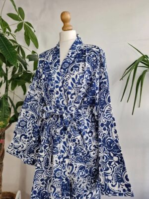 Plus Size Soft Cotton Dressing Boho Kimono Regal House Robe Gown | Christmas Gift Idea | White Indigo Blue Persian Pottery | UK 18 - 24 - Image 5