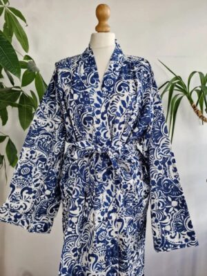 Plus Size Soft Cotton Dressing Boho Kimono Regal House Robe Gown | Christmas Gift Idea | White Indigo Blue Persian Pottery | UK 18 - 24 - Image 6