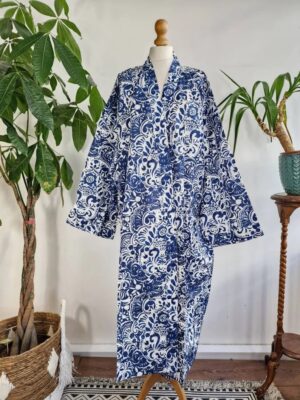 Plus Size Soft Cotton Dressing Boho Kimono Regal House Robe Gown | Christmas Gift Idea | White Indigo Blue Persian Pottery | UK 18 - 24 - Image 7
