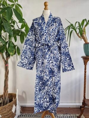 Plus Size Soft Cotton Dressing Boho Kimono Regal House Robe Gown | Christmas Gift Idea | White Indigo Blue Persian Pottery | UK 18 - 24 - Image 8