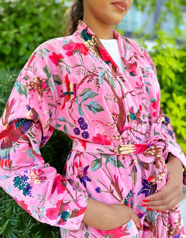 Luxury Velvet House Short Robe Unisex Kimono Boho Jacket Reversible Indian Silk Lined Christmas Gift Elegant Royal Baby Pink Crush Lover