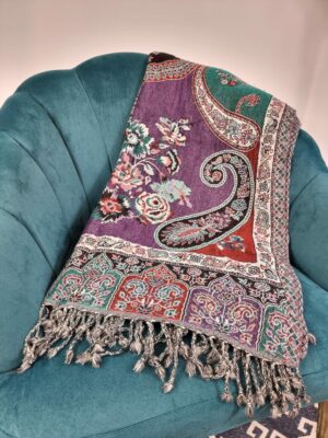 Merino Boiled Pure Wool Handmade Sofa/Bed Hygge Lounge Warm Cosy Paisley Persian Elegant Jamamvar Throw | Vibrant Colours | Black Teal Green Multi | - Image 2