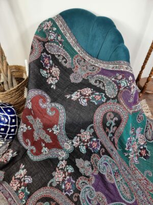 Merino Boiled Pure Wool Handmade Sofa/Bed Hygge Lounge Warm Cosy Paisley Persian Elegant Jamamvar Throw | Vibrant Colours | Black Teal Green Multi | - Image 3