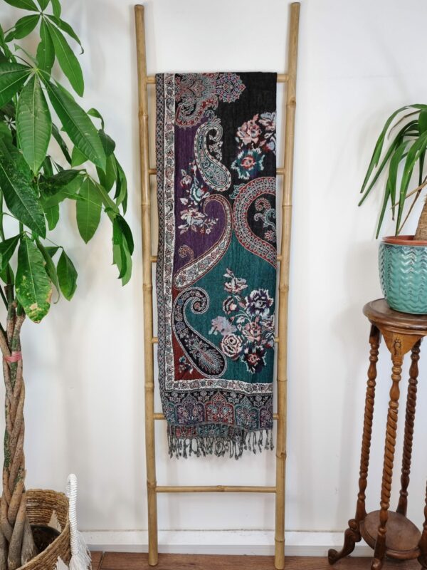 Merino Boiled Pure Wool Handmade Sofa/Bed Hygge Lounge Warm Cosy Paisley Persian Elegant Jamamvar Throw | Vibrant Colours | Black Teal Green Multi |