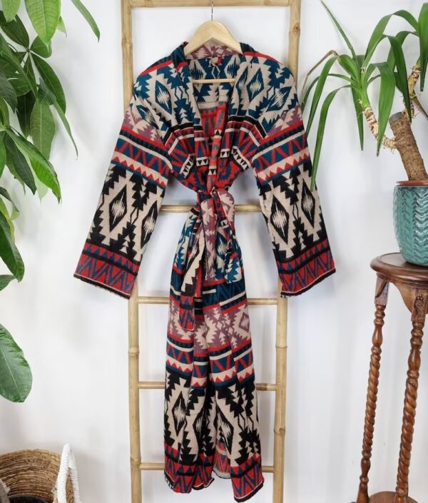 Unisex Yak Wool Blend Floral Kimono/Robe – Regal Red Black Beige Teal Rose Urban Geometric Diamonds Stripe Aztec Print Warm Hygge Christmas