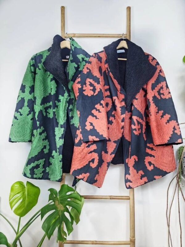 Suzani Hand Embroidered Unisex Long Jacket | Winter Boho Kashmir Crewel | Luxe Christmas Special Gift | Classic Black Peach Orange Ikat