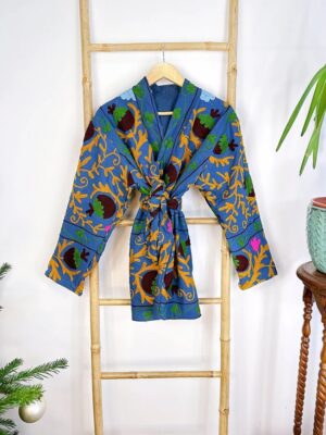 Suzani Hand Embroidered Short Jacket | Autumn Winter Boho Uzbek Kashmir Crewel | Christmas Special Gift | Christmas Vibe Blue Mustard Green - Image 2