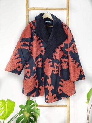 Suzani Hand Embroidered Unisex Long Jacket | Winter Boho Kashmir Crewel | Luxe Christmas Special Gift | Classic Black Peach Orange Ikat - Image 2