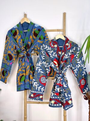 Suzani Hand Embroidered Short Jacket | Autumn Winter Boho Uzbek Kashmir Crewel | Christmas Special Gift | Christmas Vibe Blue Red White - Image 3