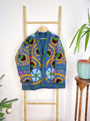 Suzani Hand Embroidered Short Jacket | Autumn Winter Boho Uzbek Kashmir Crewel | Christmas Special Gift | Christmas Vibe Blue Mustard Green - Image 3
