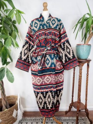 Unisex Yak Wool Blend Floral Kimono/Robe – Regal Red Black Beige Teal Rose Urban Geometric Diamonds Stripe Aztec Print Warm Hygge Christmas - Image 4