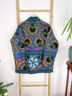 Suzani Hand Embroidered Short Jacket | Autumn Winter Boho Uzbek Kashmir Crewel | Christmas Special Gift | Christmas Vibe Blue Mustard Green - Image 4