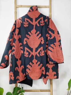 Suzani Hand Embroidered Unisex Long Jacket | Winter Boho Kashmir Crewel | Luxe Christmas Special Gift | Classic Black Peach Orange Ikat - Image 4
