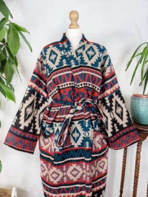 Unisex Yak Wool Blend Floral Kimono/Robe – Regal Red Black Beige Teal Rose Urban Geometric Diamonds Stripe Aztec Print Warm Hygge Christmas - Image 5