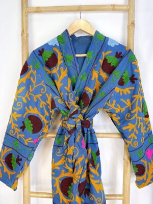 Suzani Hand Embroidered Short Jacket | Autumn Winter Boho Uzbek Kashmir Crewel | Christmas Special Gift | Christmas Vibe Blue Mustard Green - Image 5