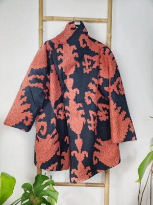 Suzani Hand Embroidered Unisex Long Jacket | Winter Boho Kashmir Crewel | Luxe Christmas Special Gift | Classic Black Peach Orange Ikat - Image 5