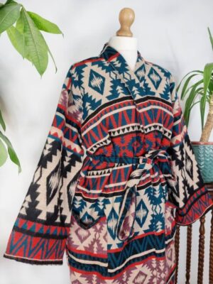 Unisex Yak Wool Blend Floral Kimono/Robe – Regal Red Black Beige Teal Rose Urban Geometric Diamonds Stripe Aztec Print Warm Hygge Christmas - Image 6