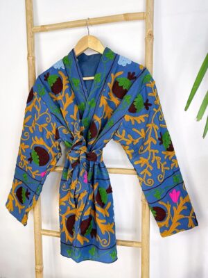 Suzani Hand Embroidered Short Jacket | Autumn Winter Boho Uzbek Kashmir Crewel | Christmas Special Gift | Christmas Vibe Blue Mustard Green - Image 6