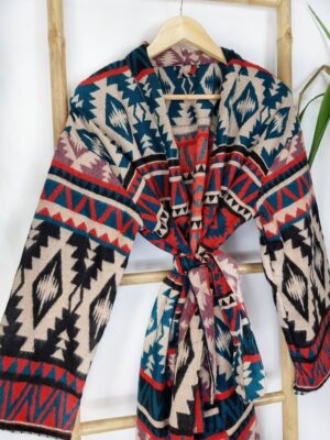 Unisex Yak Wool Blend Floral Kimono/Robe – Regal Red Black Beige Teal Rose Urban Geometric Diamonds Stripe Aztec Print Warm Hygge Christmas - Image 7
