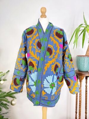 Suzani Hand Embroidered Short Jacket | Autumn Winter Boho Uzbek Kashmir Crewel | Christmas Special Gift | Christmas Vibe Blue Mustard Green - Image 7