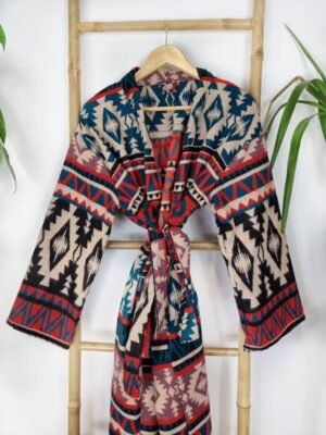 Unisex Yak Wool Blend Floral Kimono/Robe – Regal Red Black Beige Teal Rose Urban Geometric Diamonds Stripe Aztec Print Warm Hygge Christmas - Image 8