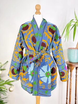 Suzani Hand Embroidered Short Jacket | Autumn Winter Boho Uzbek Kashmir Crewel | Christmas Special Gift | Christmas Vibe Blue Mustard Green - Image 8