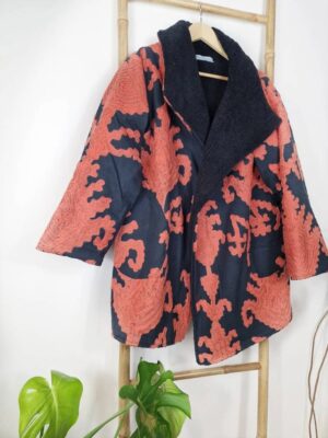 Suzani Hand Embroidered Unisex Long Jacket | Winter Boho Kashmir Crewel | Luxe Christmas Special Gift | Classic Black Peach Orange Ikat - Image 8