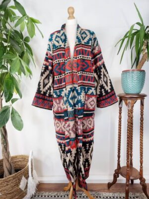 Unisex Yak Wool Blend Floral Kimono/Robe – Regal Red Black Beige Teal Rose Urban Geometric Diamonds Stripe Aztec Print Warm Hygge Christmas - Image 9