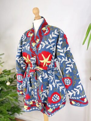 Suzani Hand Embroidered Short Jacket | Autumn Winter Boho Uzbek Kashmir Crewel | Christmas Special Gift | Christmas Vibe Blue Red White - Image 9