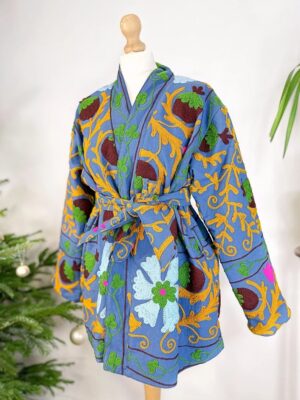 Suzani Hand Embroidered Short Jacket | Autumn Winter Boho Uzbek Kashmir Crewel | Christmas Special Gift | Christmas Vibe Blue Mustard Green - Image 9