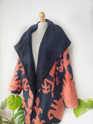 Suzani Hand Embroidered Unisex Long Jacket | Winter Boho Kashmir Crewel | Luxe Christmas Special Gift | Classic Black Peach Orange Ikat - Image 9