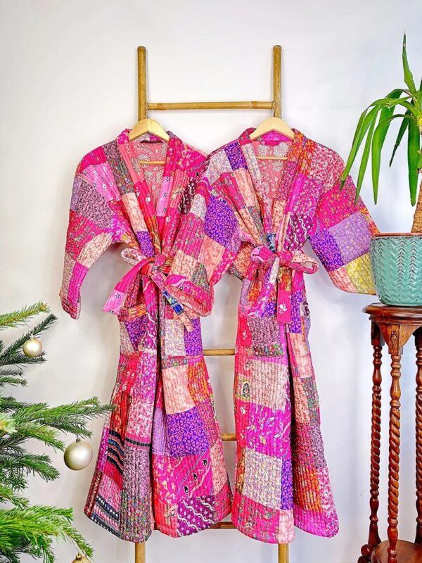 Quilted Unisex Silk Cotton Reversible Long Length Autumn Winter Dressing Robe Boho Handprint Indian Paisley Floral Pink Lover Happy Bloom