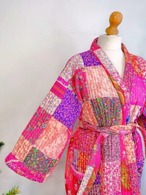 Quilted Unisex Silk Cotton Reversible Long Length Autumn Winter Dressing Robe Boho Handprint Indian Paisley Floral Pink Lover Happy Bloom - Image 2