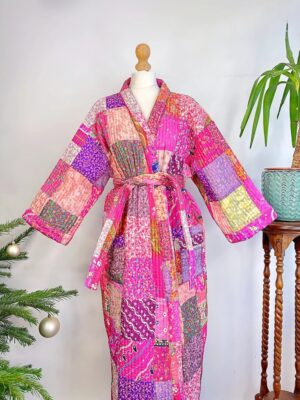 Quilted Unisex Silk Cotton Reversible Long Length Autumn Winter Dressing Robe Boho Handprint Indian Paisley Floral Pink Lover Happy Bloom - Image 3