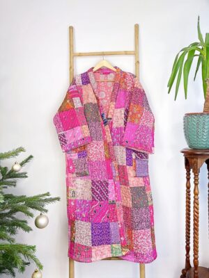 Quilted Unisex Silk Cotton Reversible Long Length Autumn Winter Dressing Robe Boho Handprint Indian Paisley Floral Pink Lover Happy Bloom - Image 4