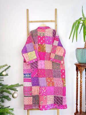 Quilted Unisex Silk Cotton Reversible Long Length Autumn Winter Dressing Robe Boho Handprint Indian Paisley Floral Pink Lover Happy Bloom - Image 5