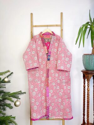 Quilted Unisex Silk Cotton Reversible Long Length Autumn Winter Dressing Robe Boho Handprint Indian Paisley Floral Pink Lover Happy Bloom - Image 6