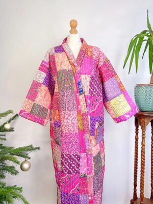 Quilted Unisex Silk Cotton Reversible Long Length Autumn Winter Dressing Robe Boho Handprint Indian Paisley Floral Pink Lover Happy Bloom - Image 7