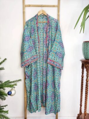 Plus Size Boho Kimono Regal House Robe - Luxury Lounge Digital Print Flowy Gown | Aqua Green Blue Persian Mandala Oriental Duster Beach - Image 8