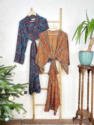 Couple Set Silk Boho Kimonos Man Woman House Beach Artist Robe His and Hers/ His and His Ocean Royal Teal Orange Paisley Wine Pink Purple - Image 2
