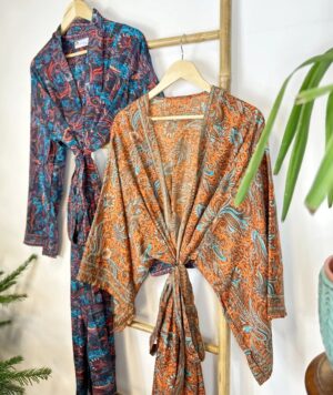 Couple Set Silk Boho Kimonos Man Woman House Beach Artist Robe His and Hers/ His and His Ocean Royal Teal Orange Paisley Wine Pink Purple - Image 3
