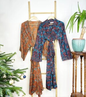 Couple Set Silk Boho Kimonos Man Woman House Beach Artist Robe His and Hers/ His and His Ocean Royal Teal Orange Paisley Wine Pink Purple - Image 4