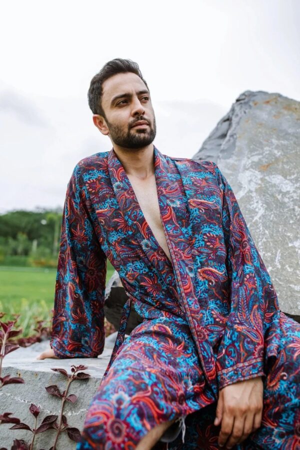 Couple Set Silk Boho Kimonos Man Woman House Beach Artist Robe His and Hers/ His and His Ocean Royal Teal Orange Paisley Wine Pink Purple